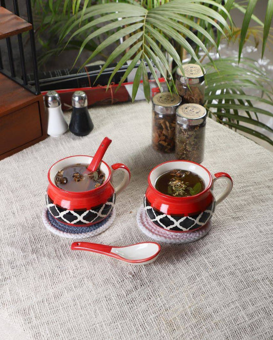 Red Textured Ceramic 2 Soup Mugs With Wooden Tray Set