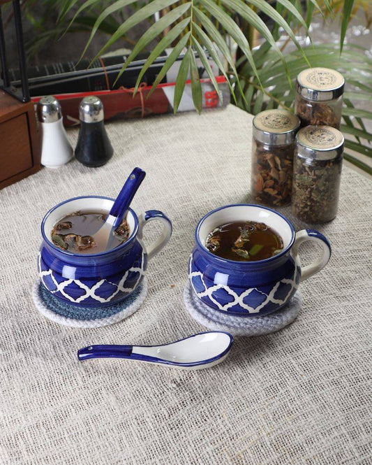 Blue Textured Ceramic 2 Soup Mugs With Wooden Tray Set