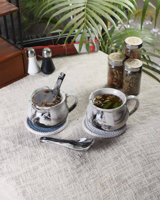 Italian Printed Ceramic 2 Soup Mugs With Wooden Tray Set