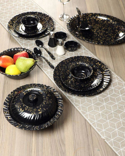 Leafy Print Black Gold Melamine Dinner Set | Pack of 46 PCs