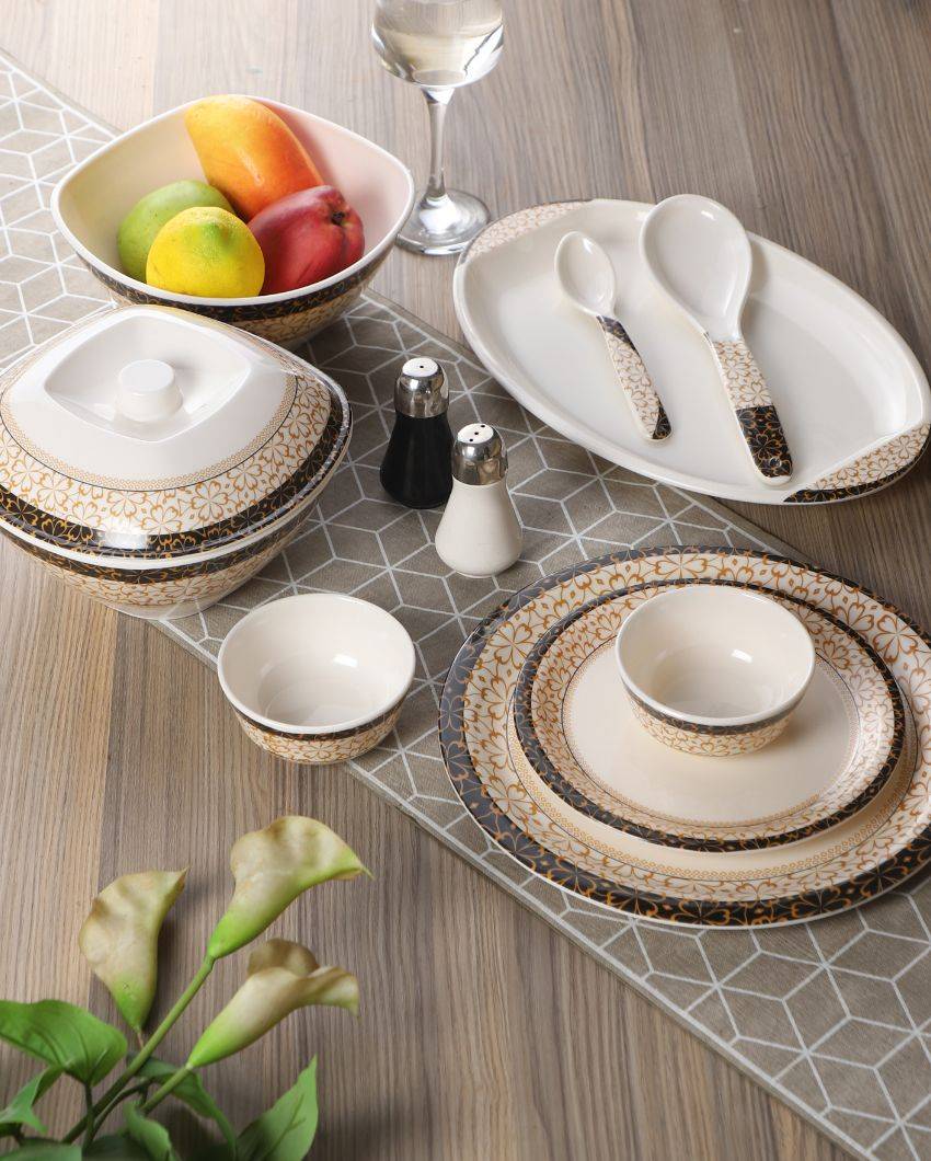 White Gold Abstact Printed Melamine Dinner Set | Pack of 41 Pcs