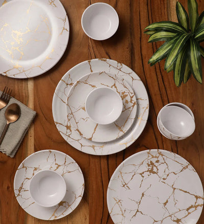 Marble Textured Melamine Round Plates With Bowls Dinner Set