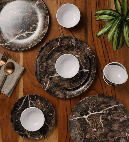 Brown Marble Textured Melamine Plates With Bowls Dinner Set