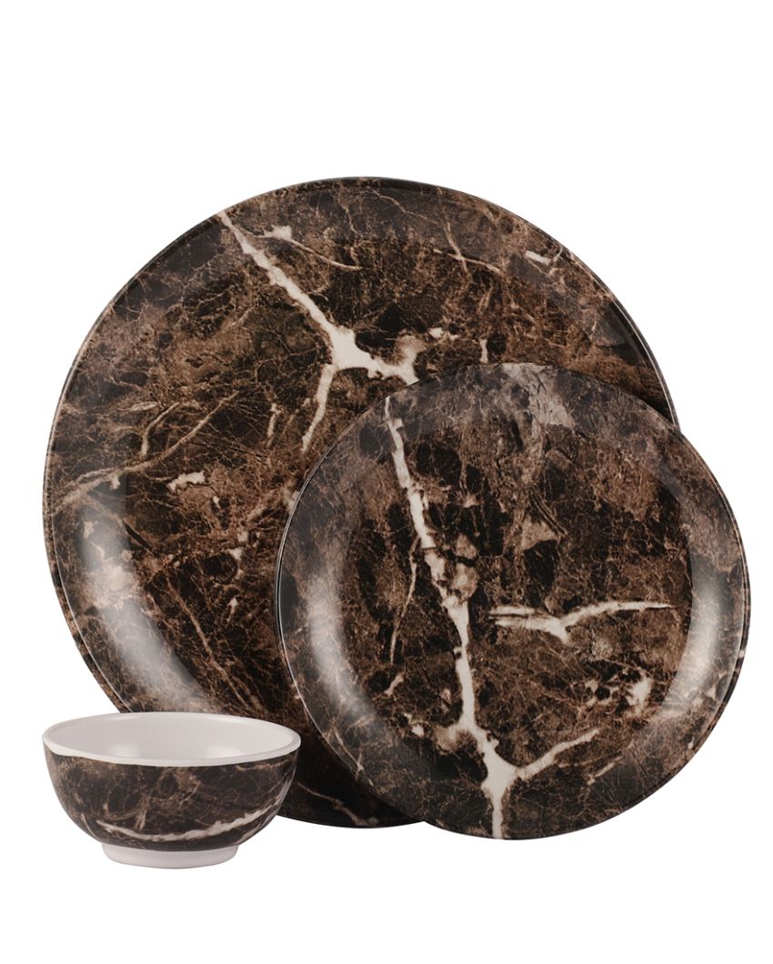 Brown Marble Textured Melamine Plates With Bowls Dinner Set