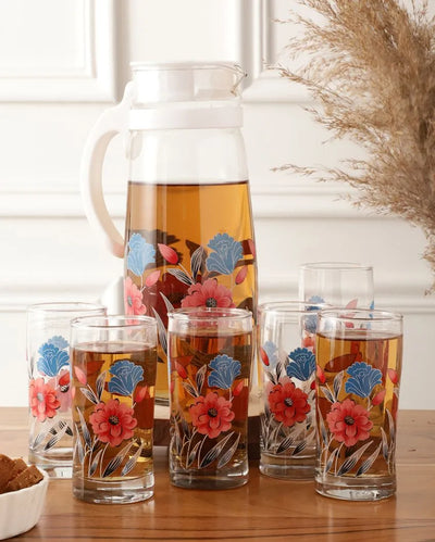 Floral Printed Lemon Water Jug With Glasses Set