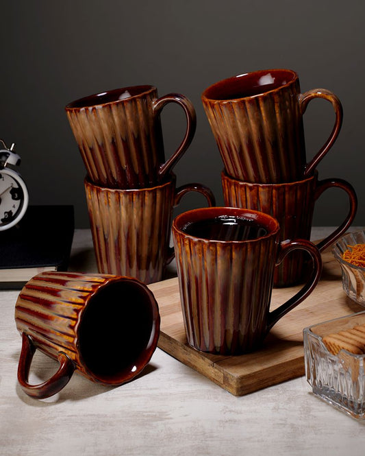 Brown Lined Shaped Ceramic Coffee Mugs | 350Ml Set of 6