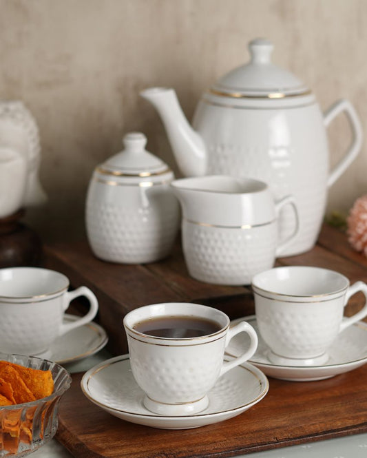 White Golden Line Embossed Bone China Tea Set | Set Of 15 Pcs