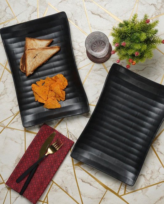 Black Rectangular Lined Designed Serving Platters | Set Of 2