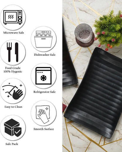 Black Rectangular Lined Designed Serving Platters | Set Of 2