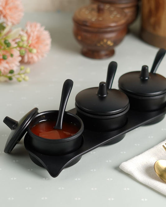 Black Melamine Jar With Spoon And Tray Set  | Set Of 7 Pcs