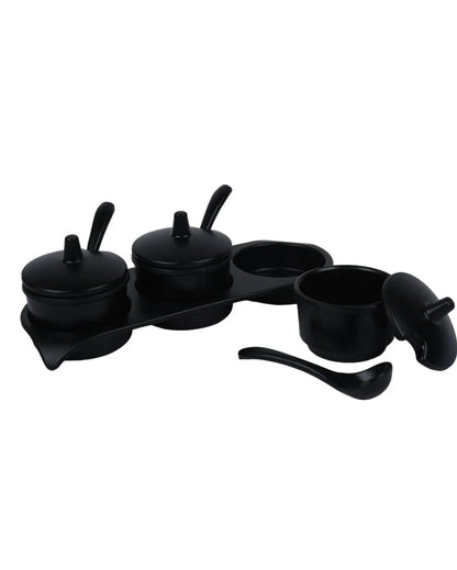 Black Melamine Jar With Spoon And Tray Set  | Set Of 7 Pcs