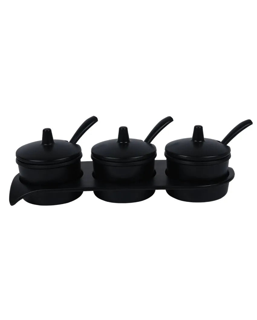 Black Melamine Jar With Spoon And Tray Set  | Set Of 7 Pcs