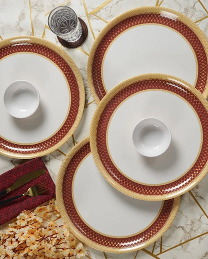 White Red Bordered Printed Melamine Dinner Set | Set Of 18 Pcs