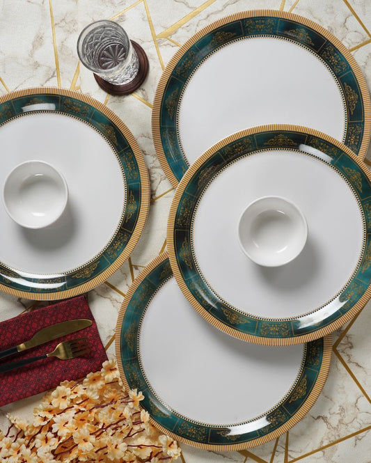 White Green Bordered Printed Melamine Dinner Set | Set Of 12 Pcs