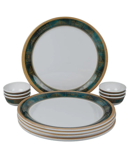 White Green Bordered Printed Melamine Dinner Set | Set Of 12 Pcs