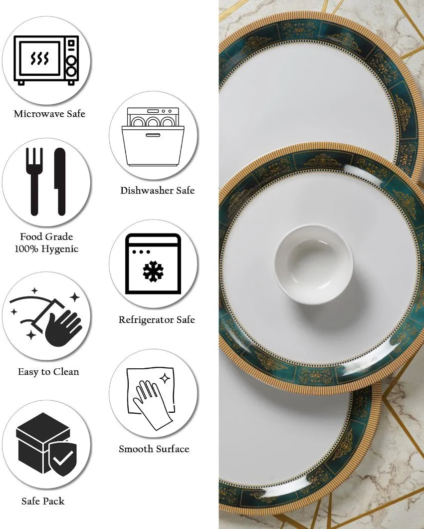 White Green Bordered Printed Melamine Dinner Set | Set Of 12 Pcs