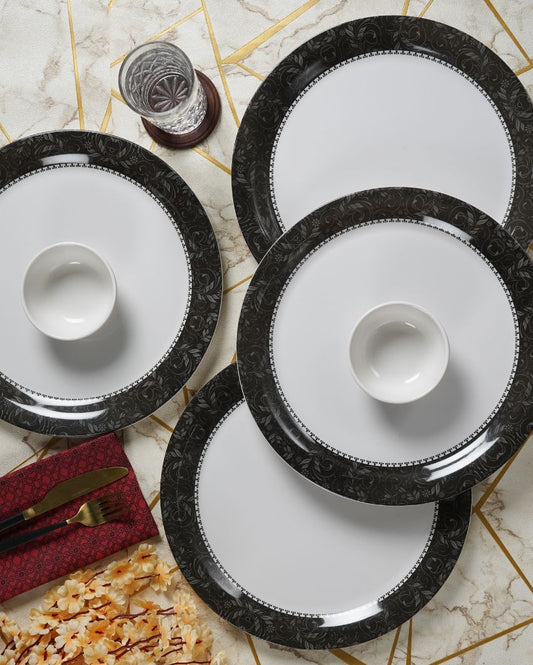 White Black Bordered Printed Melamine Dinner Set | Set Of  12 Pcs