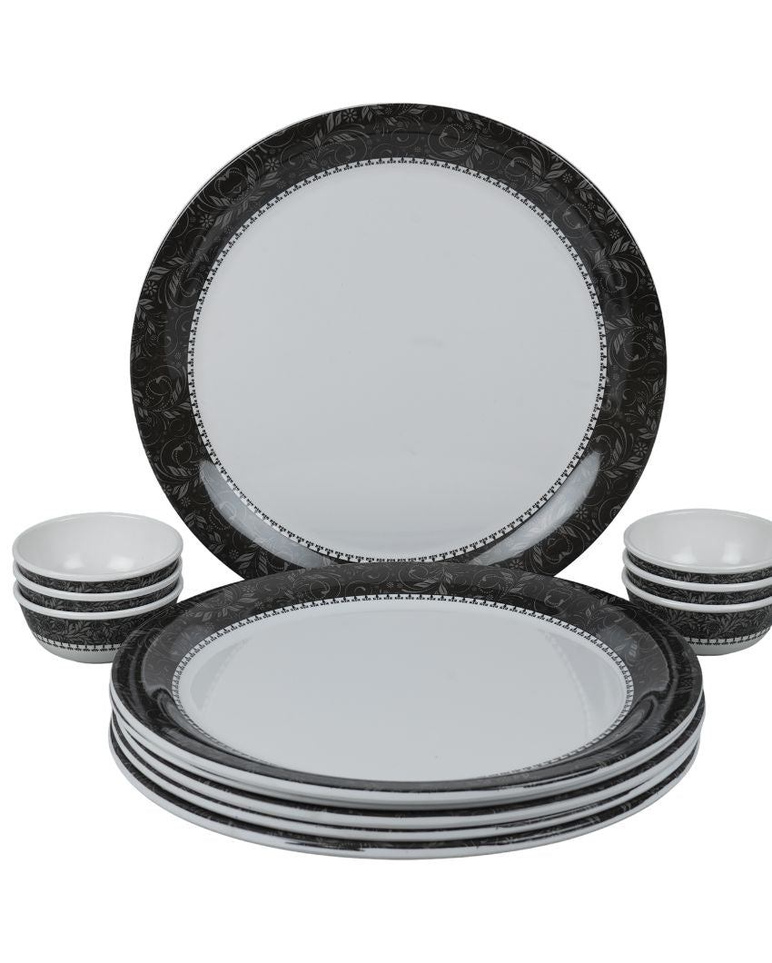 White Black Bordered Printed Melamine Dinner Set | Set Of  12 Pcs