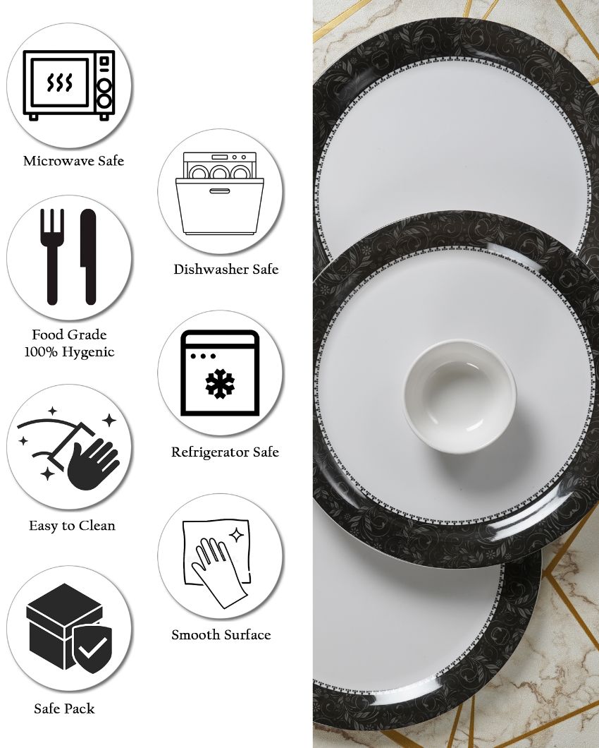 White Black Bordered Printed Melamine Dinner Set | Set Of  12 Pcs