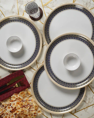 White Blue Bordered Printed Melamine Dinner Set | 12 Pieces