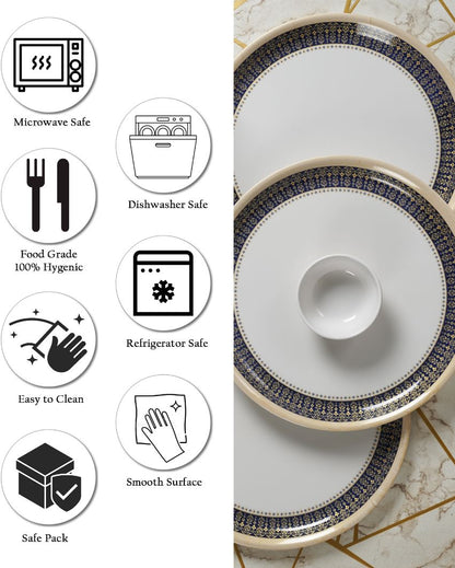 White Blue Bordered Printed Melamine Dinner Set | Set Of  12 Pcs