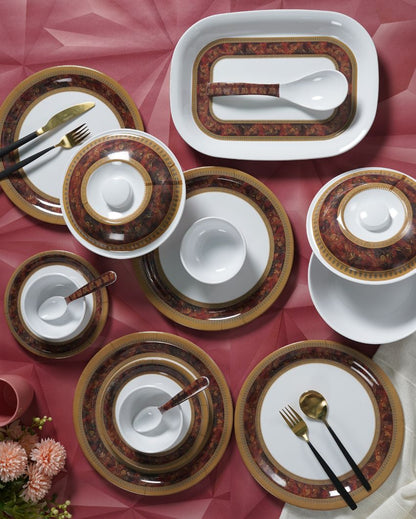 Red Gold Border Printed Melamine Dinner Set | Set Of 47 Pcs