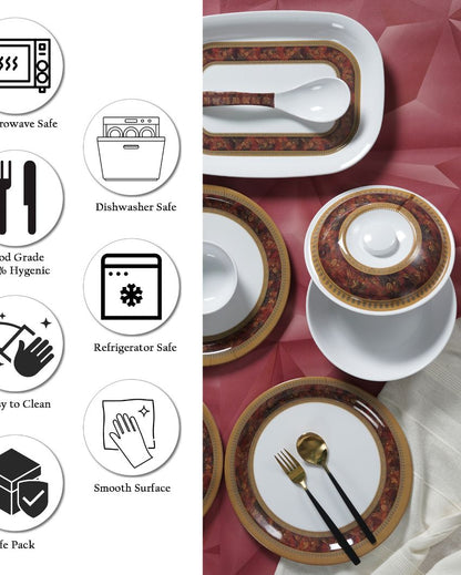 Red Gold Border Printed Melamine Dinner Set | Set Of 47 Pcs