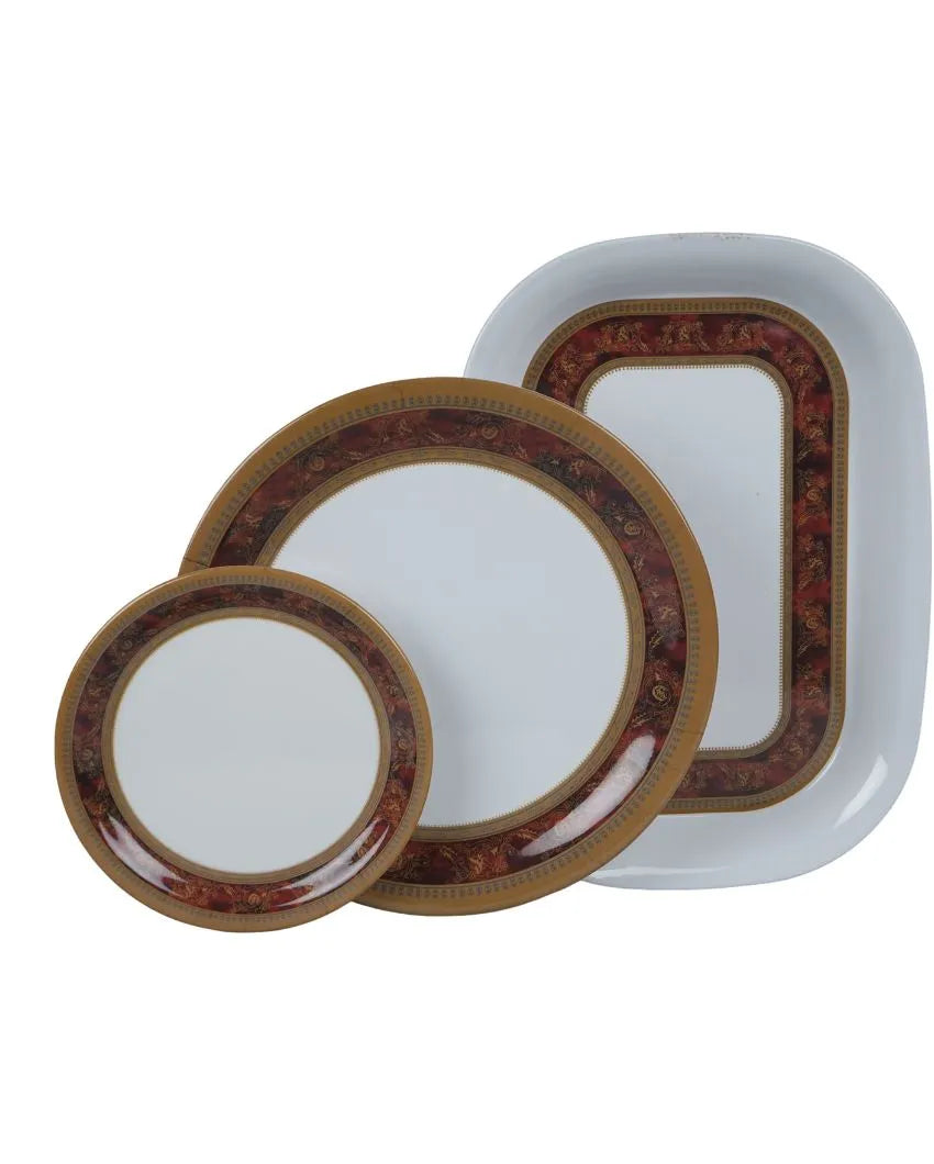 Red Gold Border Printed Melamine Dinner Set | Set Of 47 Pcs