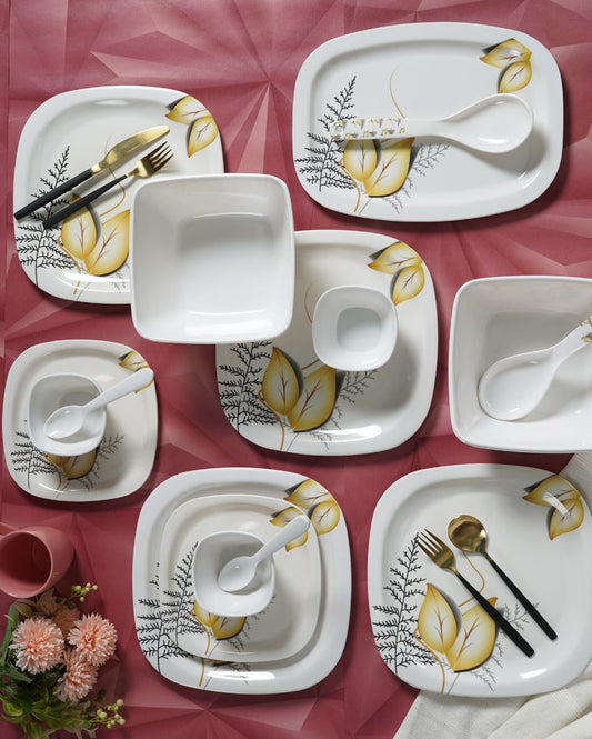 White Square Floral Printed Melamine Dinner Set | Set Of 37 Pcs