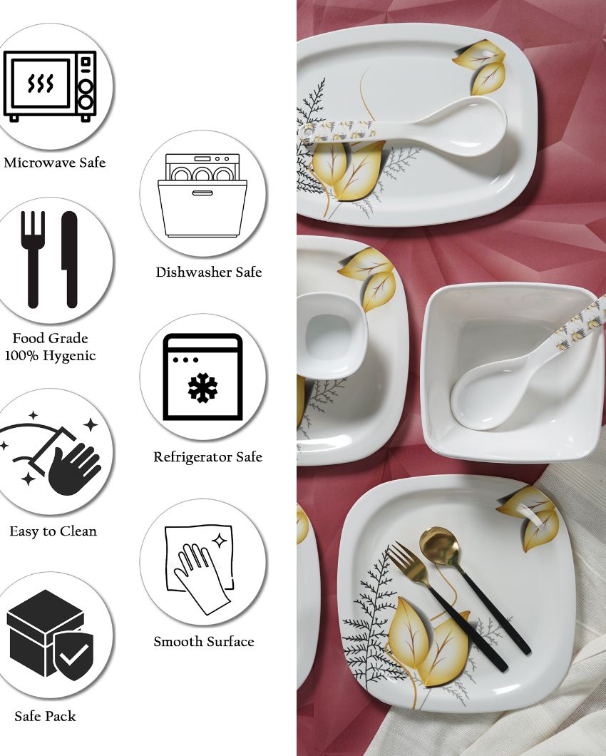 White Square Floral Printed Melamine Dinner Set | Set Of 37 Pcs