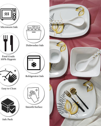 White Square Floral Printed Melamine Dinner Set | Set Of 37 Pcs