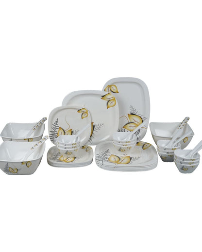 White Square Floral Printed Melamine Dinner Set | Set Of 37 Pcs