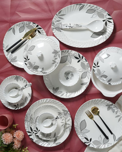 White Black Floral Melamine Dinner Set | Set Of 41 Pcs