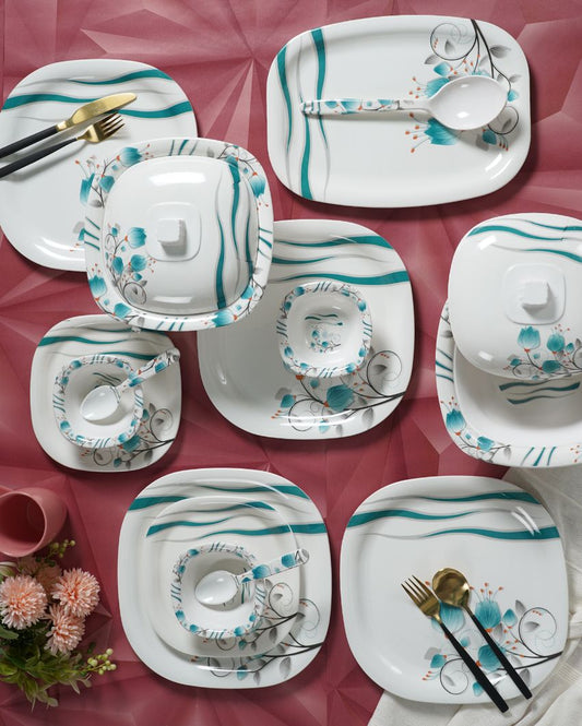 White Blue Square Floral Printed Melamine Dinner Set | Set Of 40 Pcs