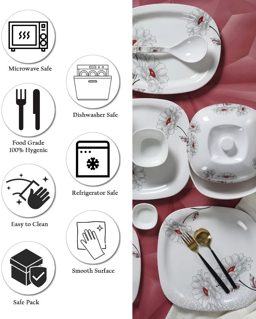 Melamine Square Black Floral Dinner Set | Set Of 47 Pcs