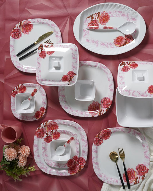 Square White Floral Printed Melamine Dinner Set | Set Of 40 Pcs