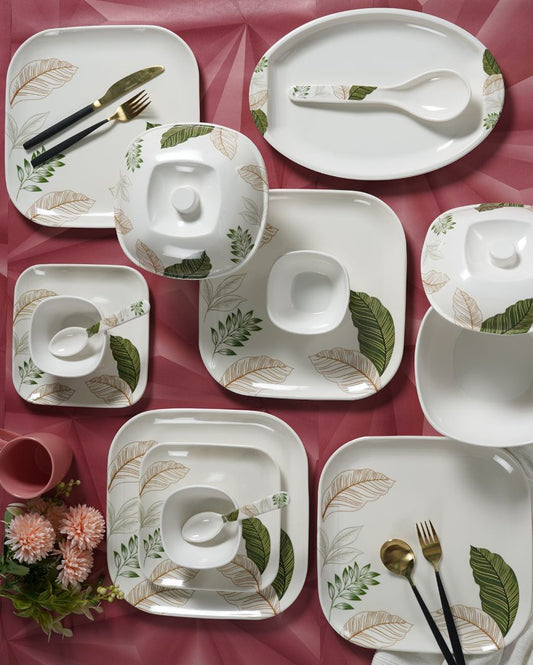 White Green Sqaure Floral Printed Dinner Set | Set Of  41 Pcs