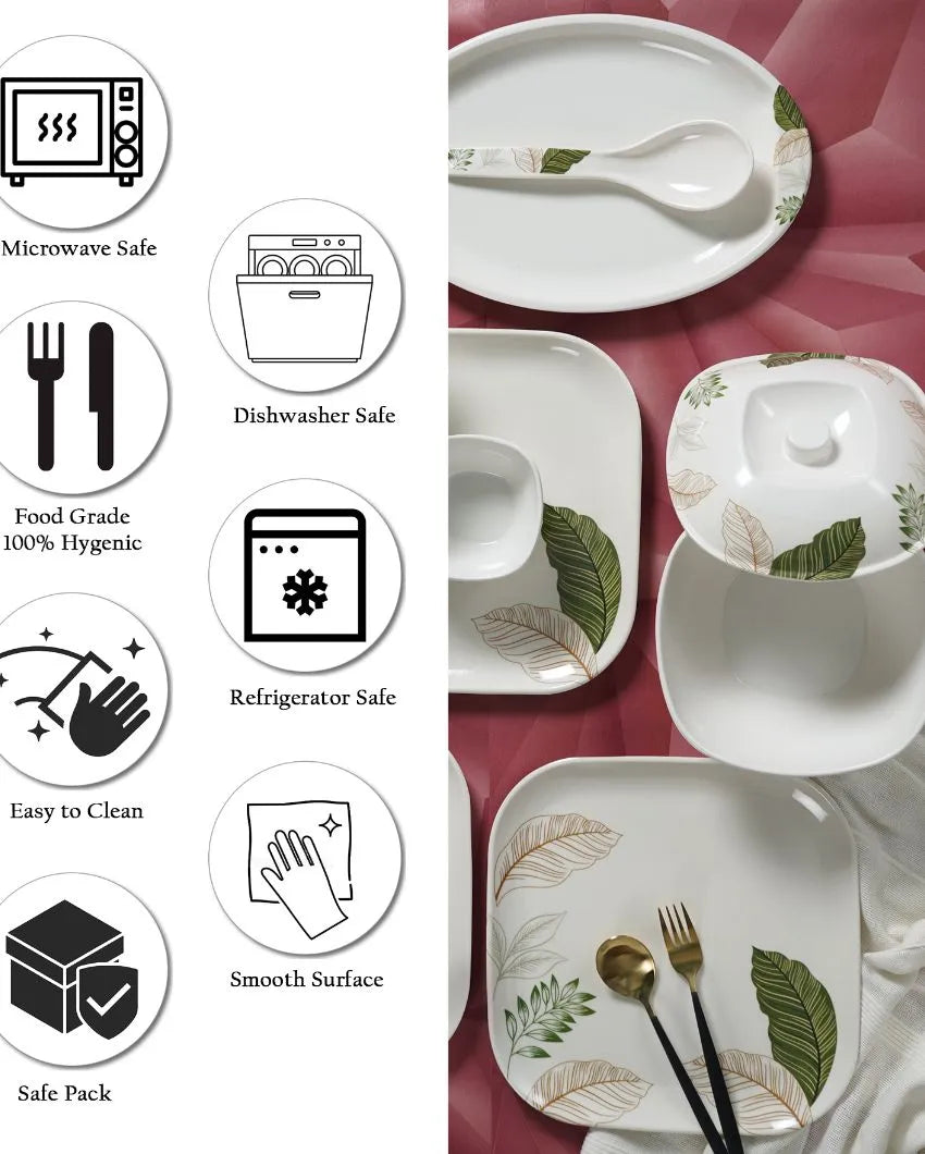 White Green Sqaure Floral Printed Dinner Set | Set Of  41 Pcs