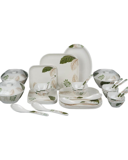 White Green Sqaure Floral Printed Dinner Set | Set Of  41 Pcs