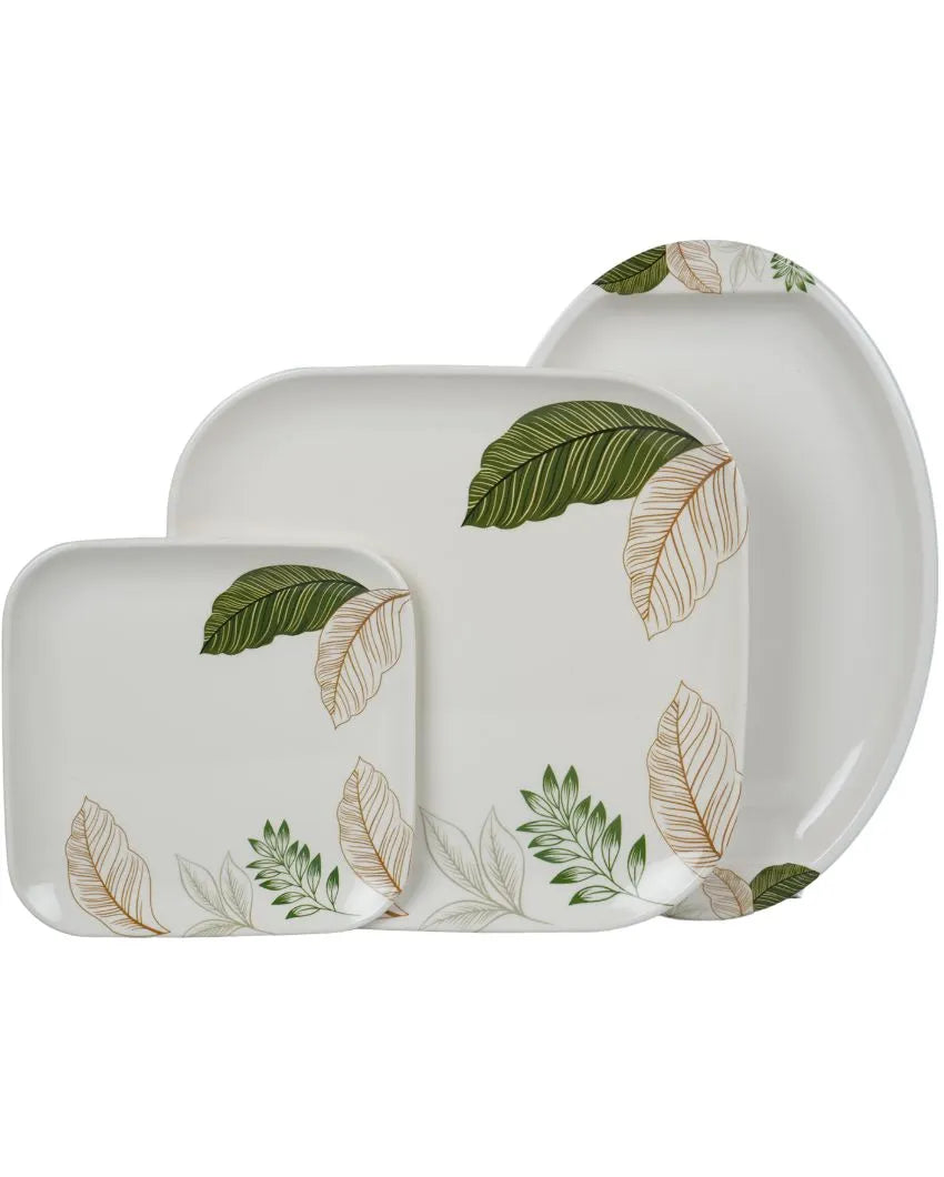 White Green Sqaure Floral Printed Dinner Set | Set Of  41 Pcs