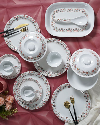 White Redfloral Chain Printed Melamine Dinner Set | Set Of  41 Pcs