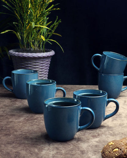 Blue Colored Ceramic Tea Coffee Mugs | Set Of 6 | 200 Ml