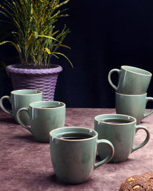 Green Coloured Ceramic Coffee Mugs | Set Of 6 | 150 Ml