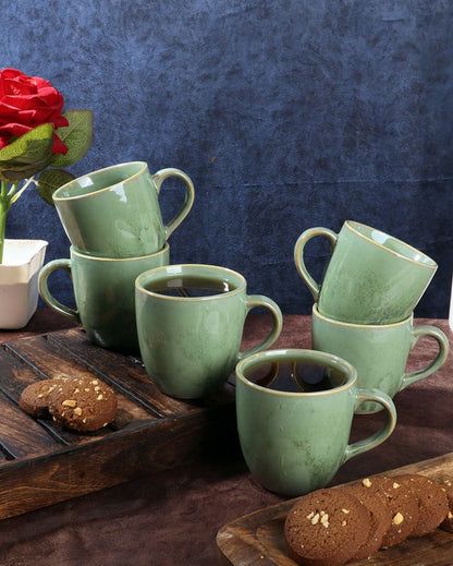 Green Coloured Ceramic Coffee Mugs | Set Of 6 | 150 Ml