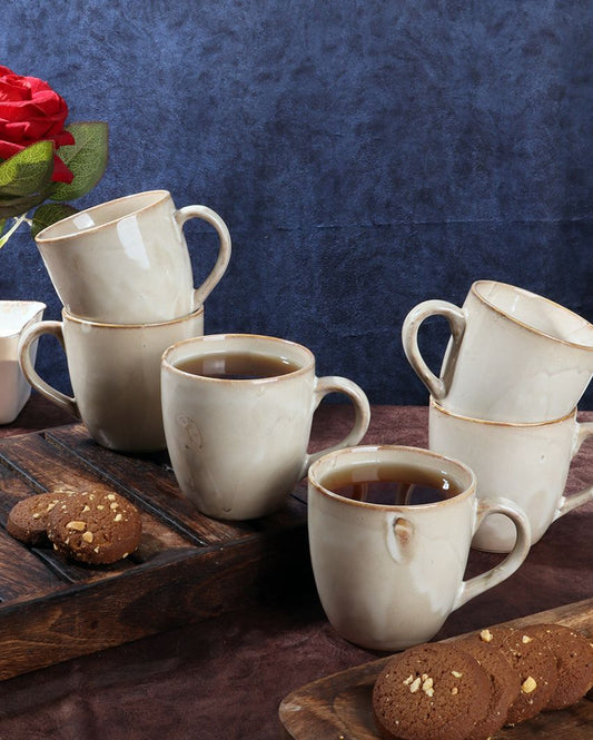 Cream Colored Ceramic Tea Coffee Mugs | Set Of 6 | 200Ml