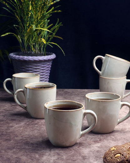 Cream Colored Ceramic Tea Coffee Mugs | Set Of 6 | 200Ml