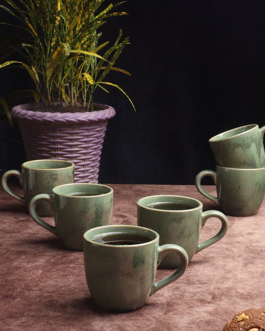 Green Colored Ceramic Tea Coffee Mugs | 200Ml | Set Of 6