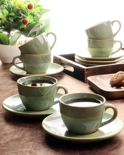 Green Colored Ceramic Cup Saucer Set | Set Of 12 Pcs