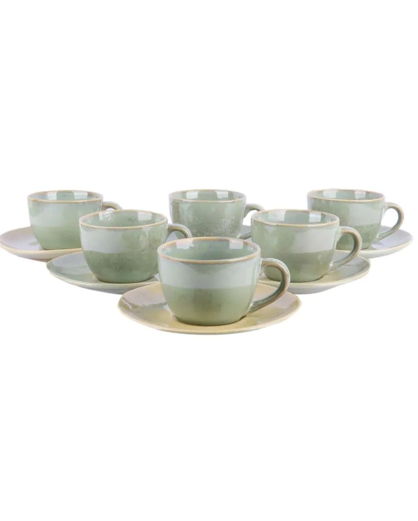 Green Colored Ceramic Cup Saucer Set | Set Of 12 Pcs