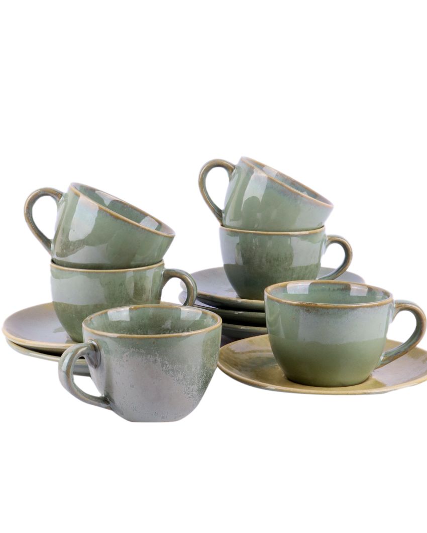 Green Colored Ceramic Cup Saucer Set | Set Of 12 Pcs